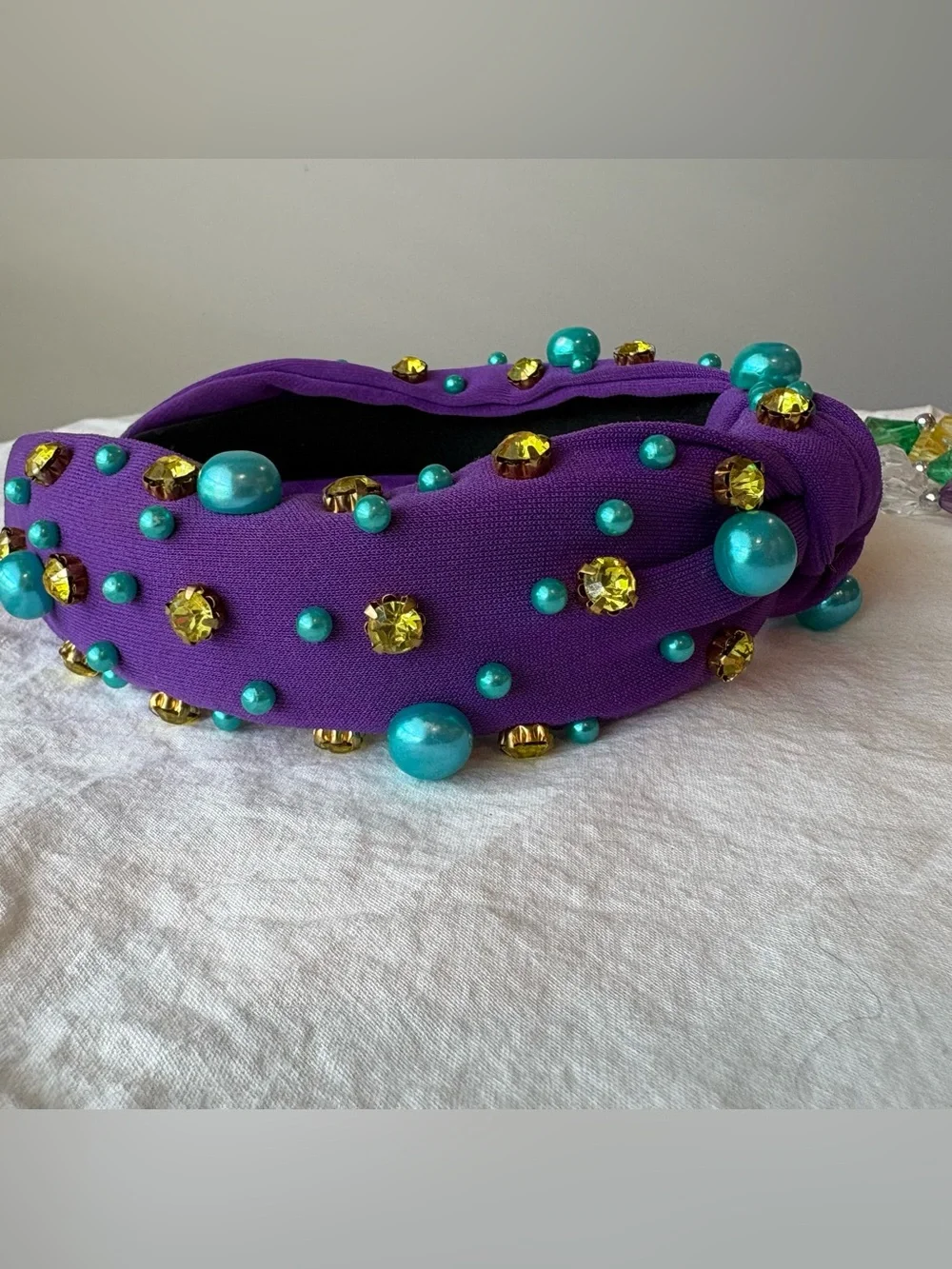 Mardi Gras Purple Knotted Headband with Turquoise Beads and Gold Accents